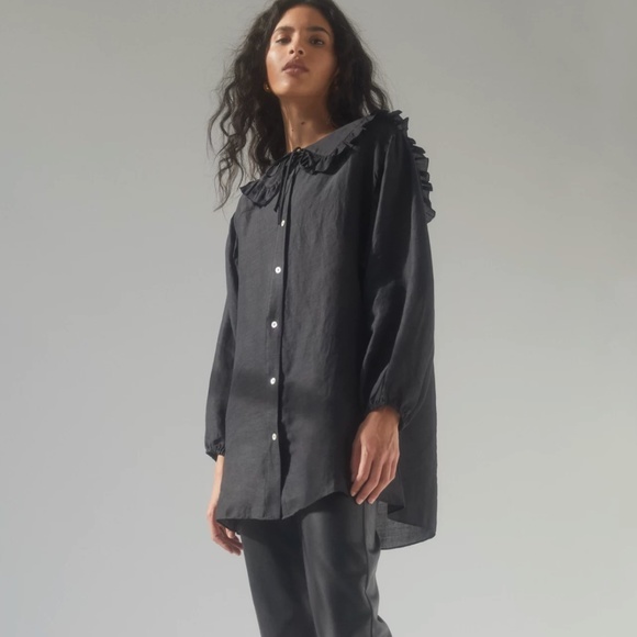 Wilfred Aritzia Splendour Sheer Button Front Peasant Black Blouse Size S - Picture 1 of 12
